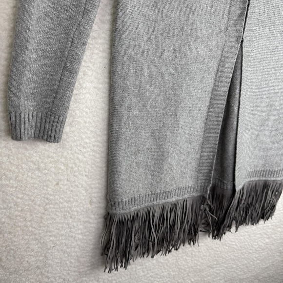 Tahari Sweater Womens Medium Gray Fringe Hem Open Front‎ Long Cardigan Duster - Picture 3 of 10